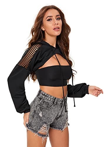 Mesh Contrast Long Sleeve Crop Top Hoodie