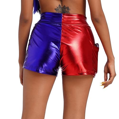 IMEKIS Women Metallic Shorts Halloween Cosplay Costume Sparkle Red and Blue Bottoms