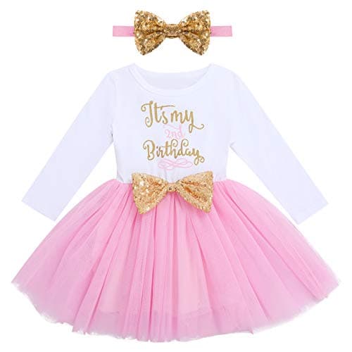 ODASDO My 1st / 2nd / 3rd Birthday Toddler Long Sleeve Tutu Dress & Bowknot Headband Set