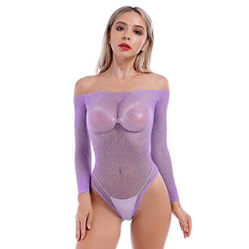Sparkling Rhinestone Teddy Fishnet Bodysuit with Off Shoulder Design