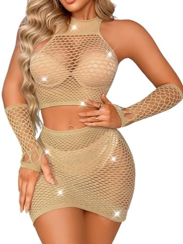Kaei&Shi Women's Glitter Fishnet Skirt & Mesh Swimcover for Festivals