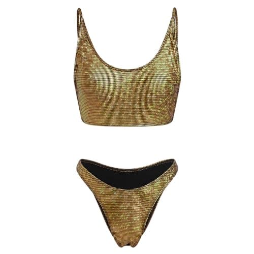 FYMNSI Sparkly Cami Crop Top & Cheeky Bikini Bottoms 2PCS Strappy Outfit