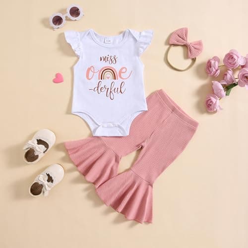 Onederful Baby Girl 1st Birthday Bell Bottom Romper Set Summer Clothes