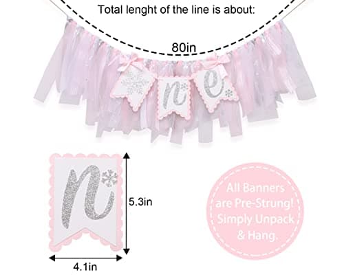 LINLULU Winter Onederland 1st Birthday Snowflake Banner, Silver Glitter & Pink Tulle