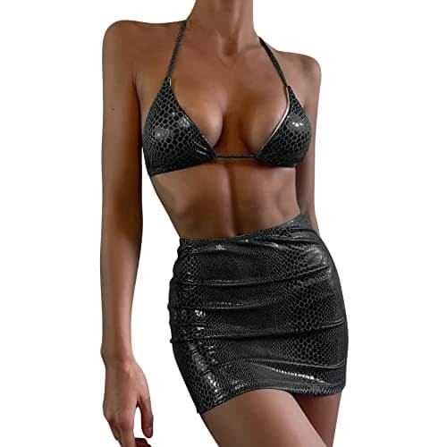 Metallic Rave Outfit: Women's Shiny Bikini Snakeskin Bra Skirt Swimsuit Costume