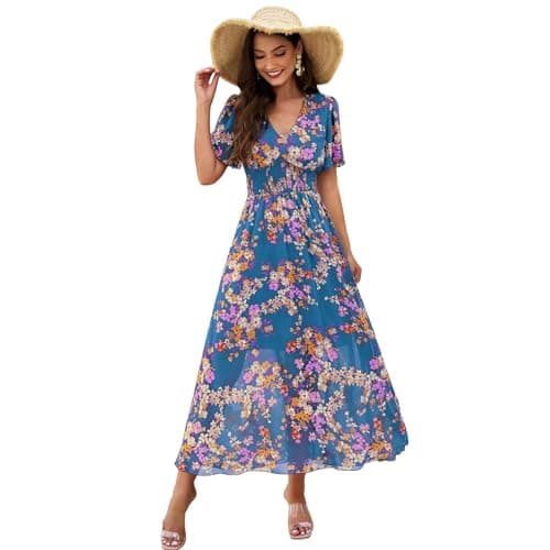 Boho Floral Printed Chiffon Maxi Dress for Women in Summer