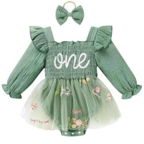 TITKKOP Baby Girl 1st Birthday Tulle Romper Long Sleeve Cake Smash Outfit