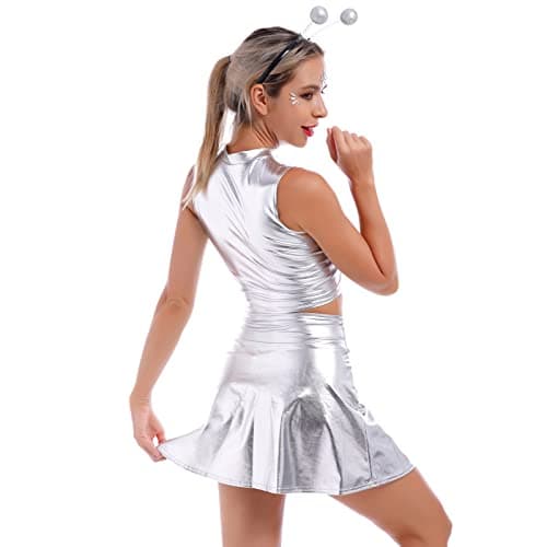 Alien Costume Metallic Crop Top + Holographic Mini Skirt + Headband - Halloween Rave Outfit