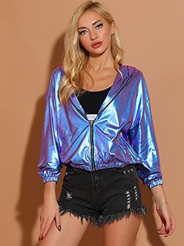 Holographic Shimmer Zipper Hooded Metallic Jacket for Women