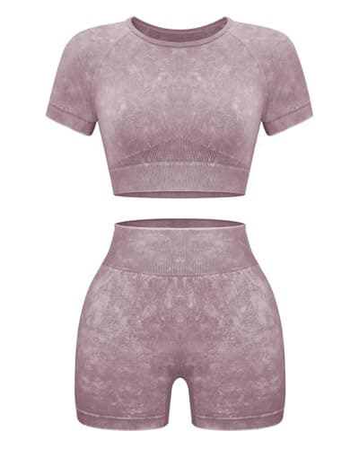 OLCHEE Women's Acid Wash Yoga Shorts & Crop Top Gym Outfit Set