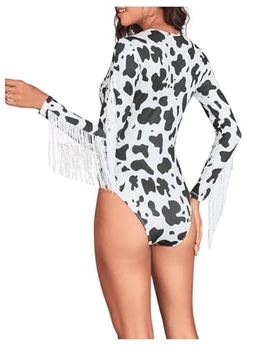 SweatyRocks Women's Printed Fringe Long Sleeve Sheer Mesh Bodysuit