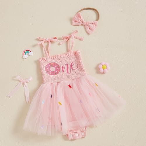 SAYOO Baby Girls Donut Embroidery Smocked Romper Dress for 1st Birthday Tulle Bodysuit