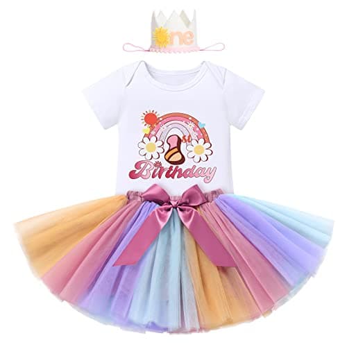 IBTOM CASTLE Baby Girl 1st Birthday Floral Lace Romper & Tutu Set+Crown Photo Clothes