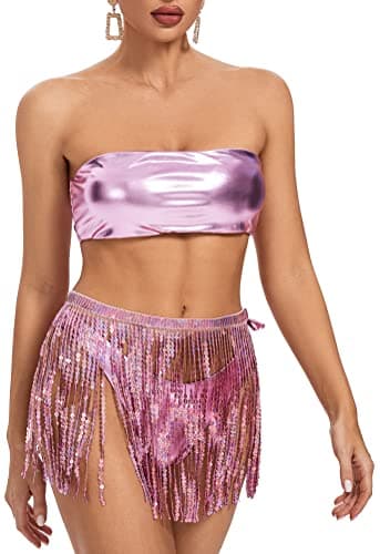 EVELUST Women's metallic holographic bodysuit & skirt set for EDC festivals