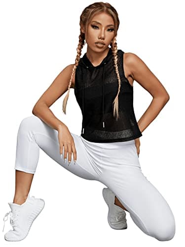 Sleeveless Drawstring Hoodie Mesh Crop Tank Top
