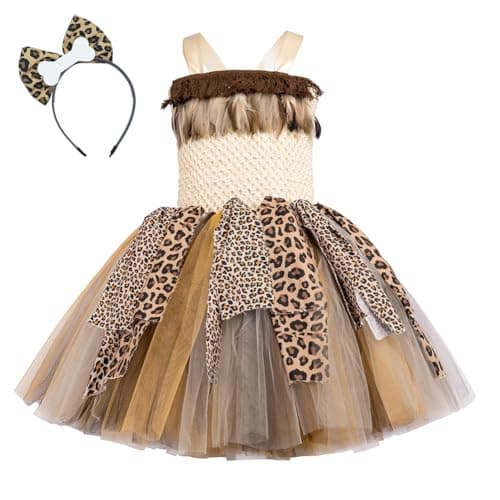 IMEKIS Toddler Girl Cavegirl Halloween Costume with Headband and Leopard Tutu