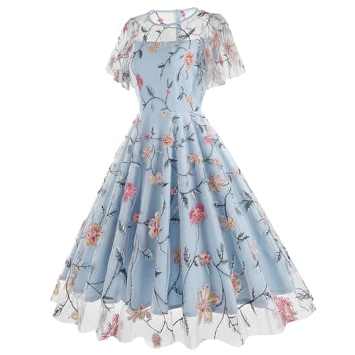 IMEKIS Women's Elegant Retro 1950s Short Flare Sleeve Swing Party Dress