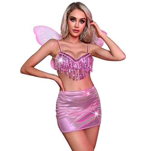 IMEKIS Women's Shiny Rave Outfit Halloween Costume Set