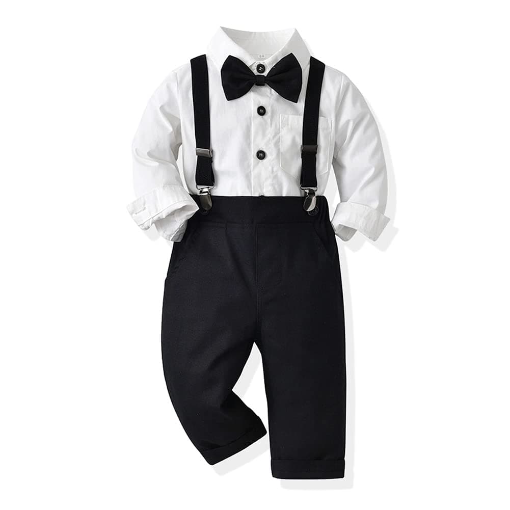 IDOPIP Toddler Boys' 1st Christmas Outfit Striped Shirt + Bowtie & Long Suspender Pants