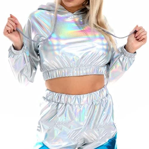 Bornpom Metallic Cropped Hoodie Sweatshirt for Women