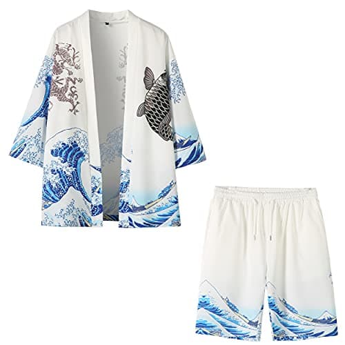 PRIJOUHE Mens Loose Fit Japanese Kimono Coat Jacket with Shorts