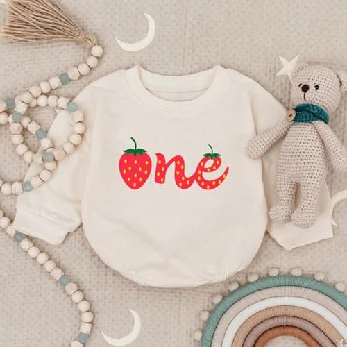 2Pcs Strawberry Romper for 1st Birthday Girl, Cute Baby Outfit