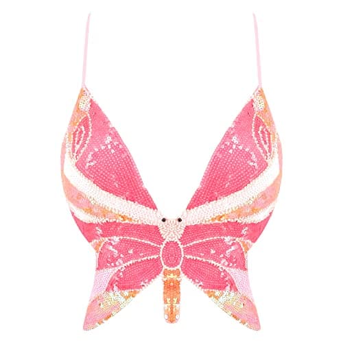 Glitter Sequin Butterfly Crop Top for Women