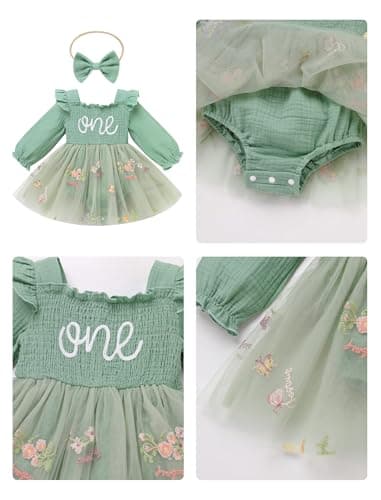 ODASDO Baby Girls First Birthday Square Neck Ruffle Tutu Romper Dress with Bow Headband