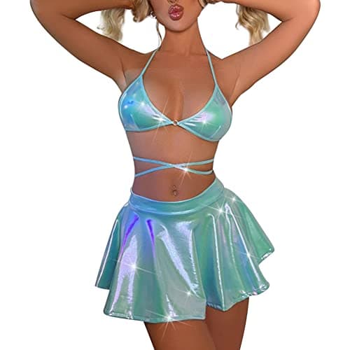 Shiny Holographic Outfit Set for Women: Bra Top and Mini Skirt