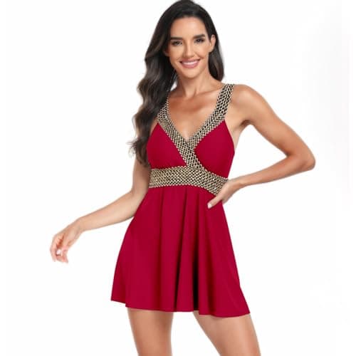 Contrast Tape Tummy Control Flowy Swimdress with Shorts