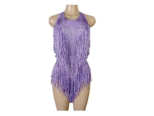 HEYDHSDC Sparkly Crystals Fringe Bodysuit Dance Costume