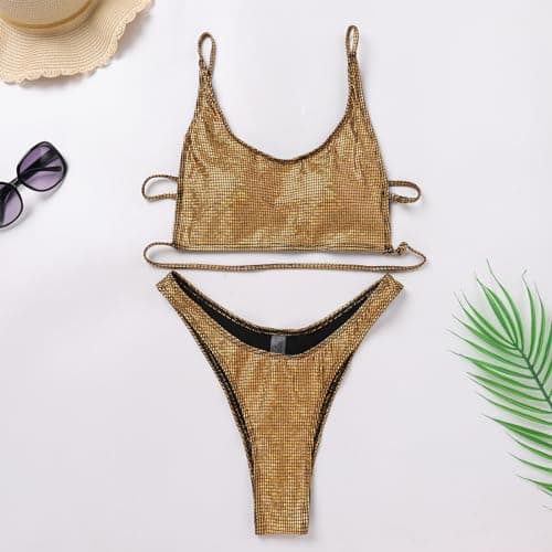 FYMNSI Sparkly Cami Crop Top & Cheeky Bikini Bottoms 2PCS Strappy Outfit