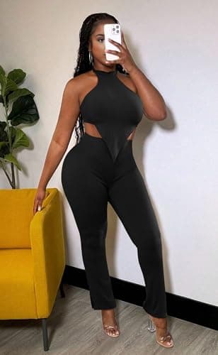Ekaliy Women's Sleeveless Crop Top & High Waist Ribbed Pants Party Jumpsuit