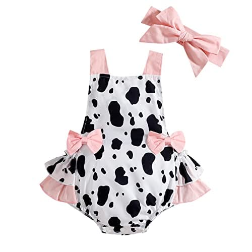 IMEKIS Newborn Cow Romper Ruffle Outfit with Headband Set