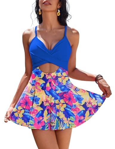 AI'MAGE Women's V-Neck One Piece Swim Dress with Tie Back Skirt