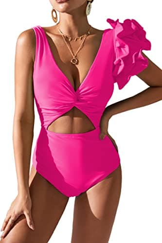 SPORLIKE Women Twist Front Flounce Padded One Piece Swimsuit
