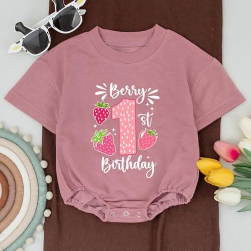 2Pcs Strawberry Romper for 1st Birthday Girl, Cute Baby Outfit