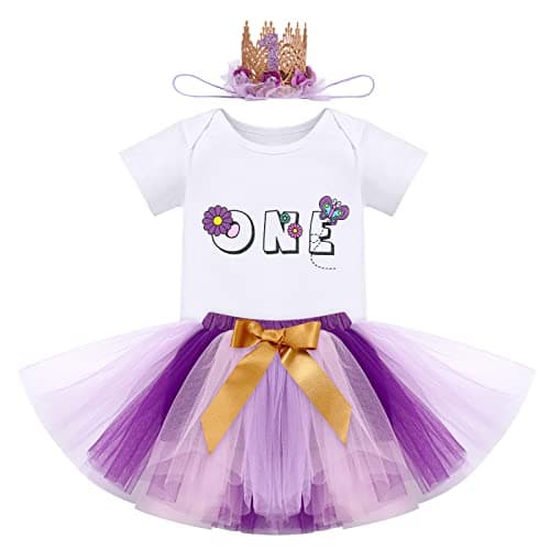 IBTOM CASTLE Baby Girl 1st Birthday Floral Lace Romper & Tutu Set+Crown Photo Clothes