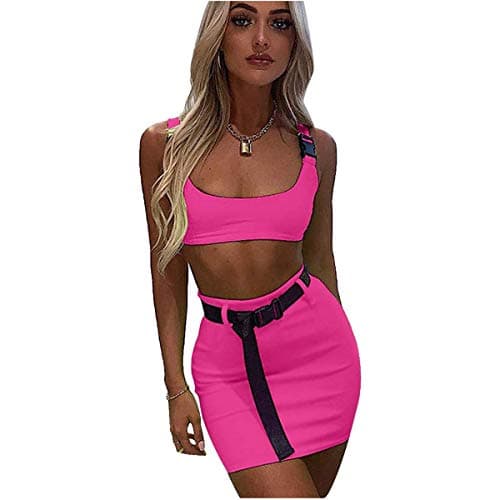 AIBEARTY Women's Sexy Buckle Tank & Mini Skirt Rave Outfit