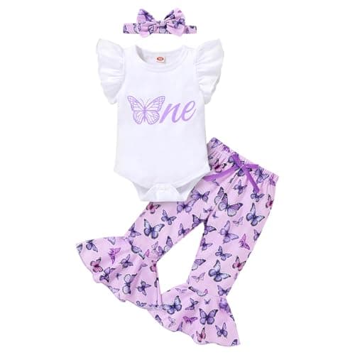 YOUNGER TREE Baby Girl 1st Birthday Outfit: Romper & Flared Pants