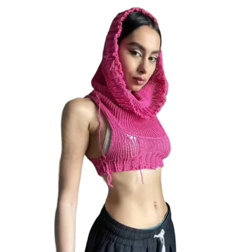 Women Knitted Sleeveless Hoodie Crop Top Streetwear Rave Outfit