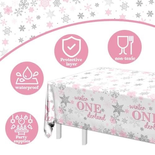 Onederland 3Pcs Winter Pink Silver Snowflake Tablecloth for 1st Birthday Girls