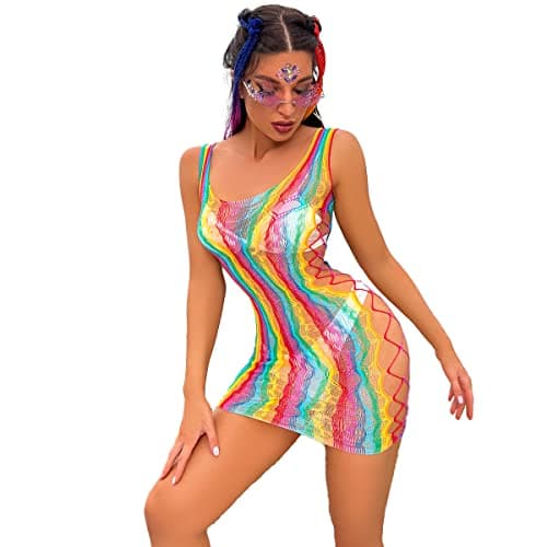Rainbow Rave Outfit Fishnet Dress - Women's Music Festival Costume