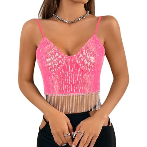 Giovacker Women's V-Neck Sparkle Sequined Crop Top Tank Vest