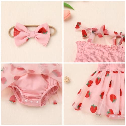 IMEKIS Boho Strawberry Romper Tulle Dress with Headband for Baby Girl Summertime Fotos