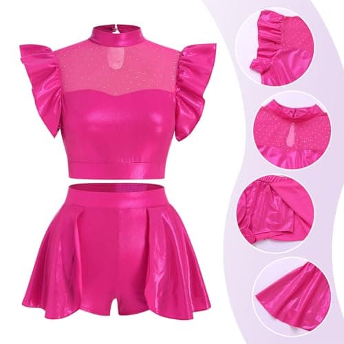 ODASDO Women Shiny Metallic Dance Outfit Crop Top + Skirted Shorts Set
