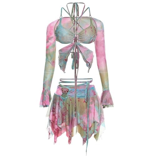 Y2K Women's Festival Mesh Crop Top and Ruffle Skirt Set
