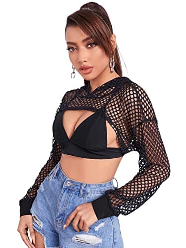 Verdusa Sheer Fishnet Drop Shoulder Hoodie Crop Sweatshirt