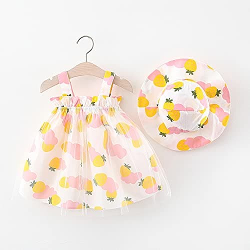 Hawaiian Holiday Dress for Toddler Baby Girls + Straw Hat Rainbow Backless Tutu Sundress Birthday Party Princess Clothes