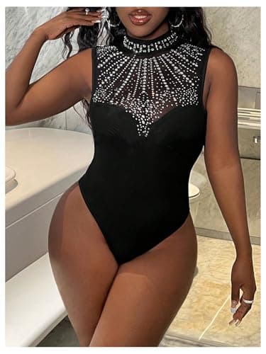 MakeMeChic Women's Rhinestone Glitter Mesh Mock Neck Party Bodysuit